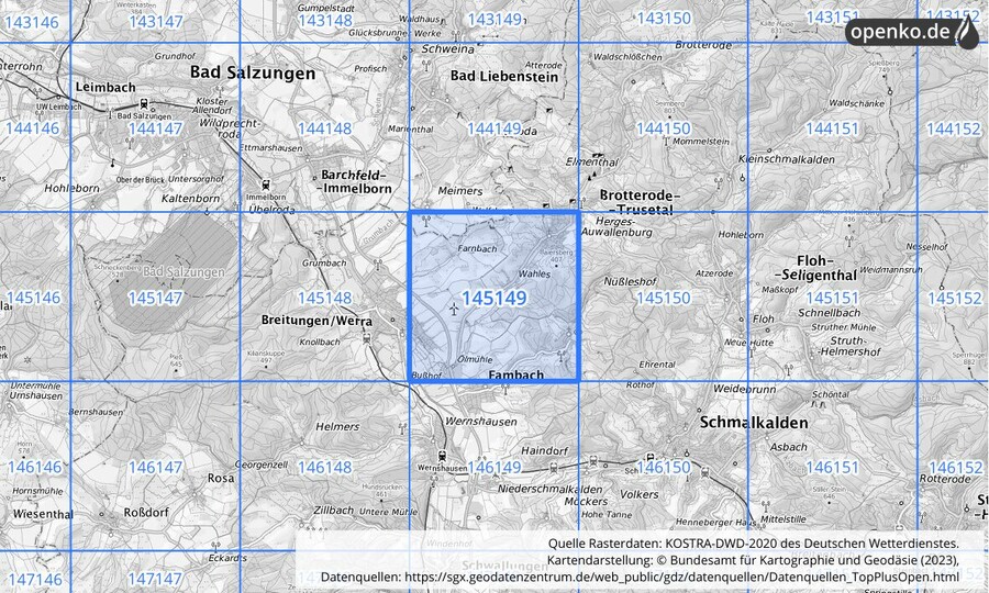 Übersichtskarte des KOSTRA-DWD-2020-Rasterfeldes Nr. 145149