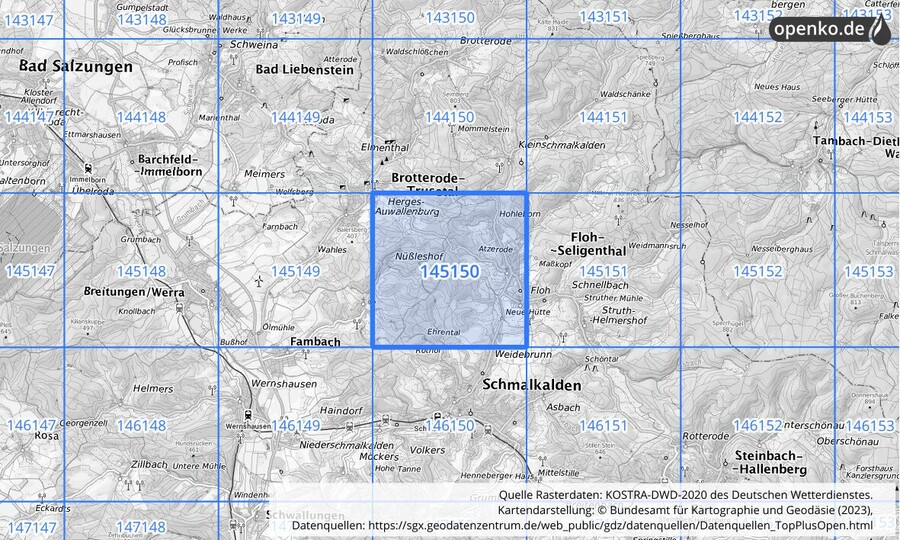 Übersichtskarte des KOSTRA-DWD-2020-Rasterfeldes Nr. 145150