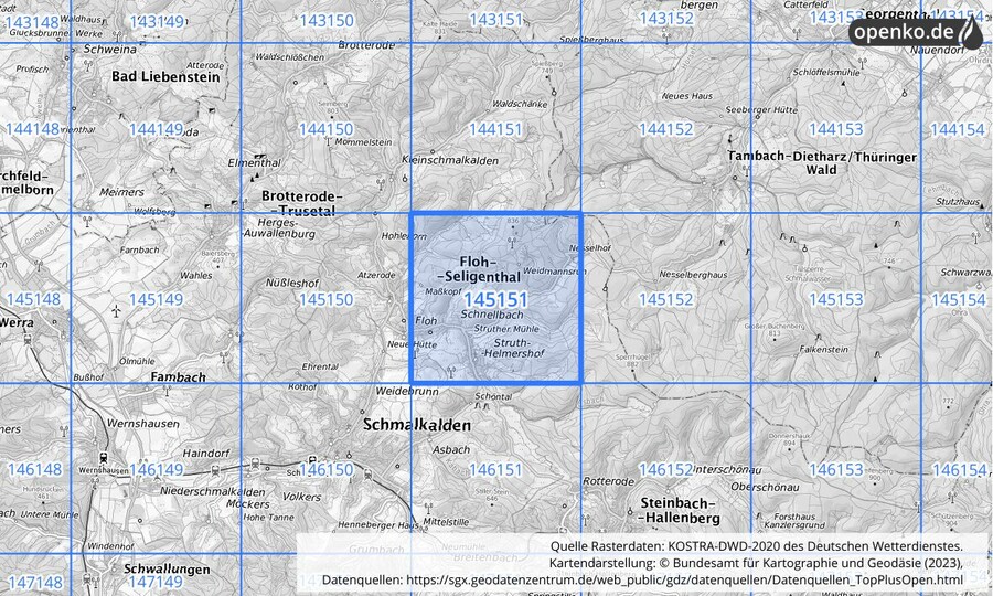 Übersichtskarte des KOSTRA-DWD-2020-Rasterfeldes Nr. 145151