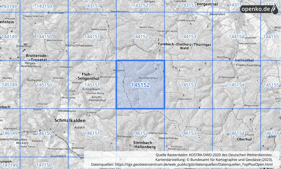 Übersichtskarte des KOSTRA-DWD-2020-Rasterfeldes Nr. 145152