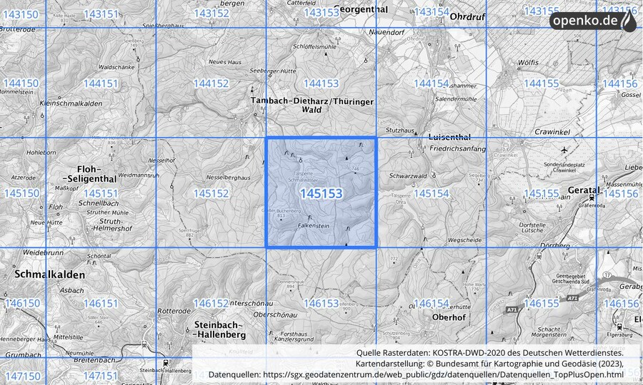 Übersichtskarte des KOSTRA-DWD-2020-Rasterfeldes Nr. 145153