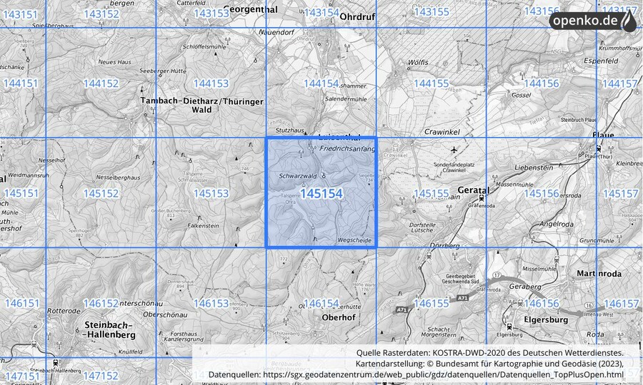 Übersichtskarte des KOSTRA-DWD-2020-Rasterfeldes Nr. 145154