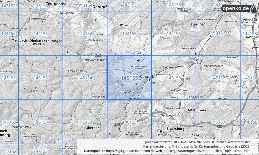 Übersichtskarte des KOSTRA-DWD-2020-Rasterfeldes Nr. 145155
