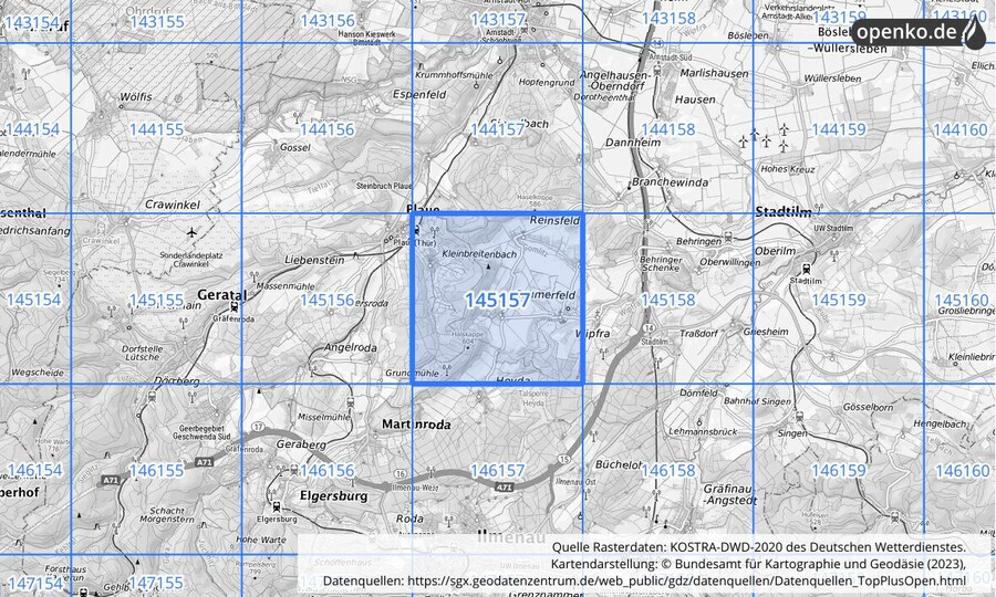 Übersichtskarte des KOSTRA-DWD-2020-Rasterfeldes Nr. 145157