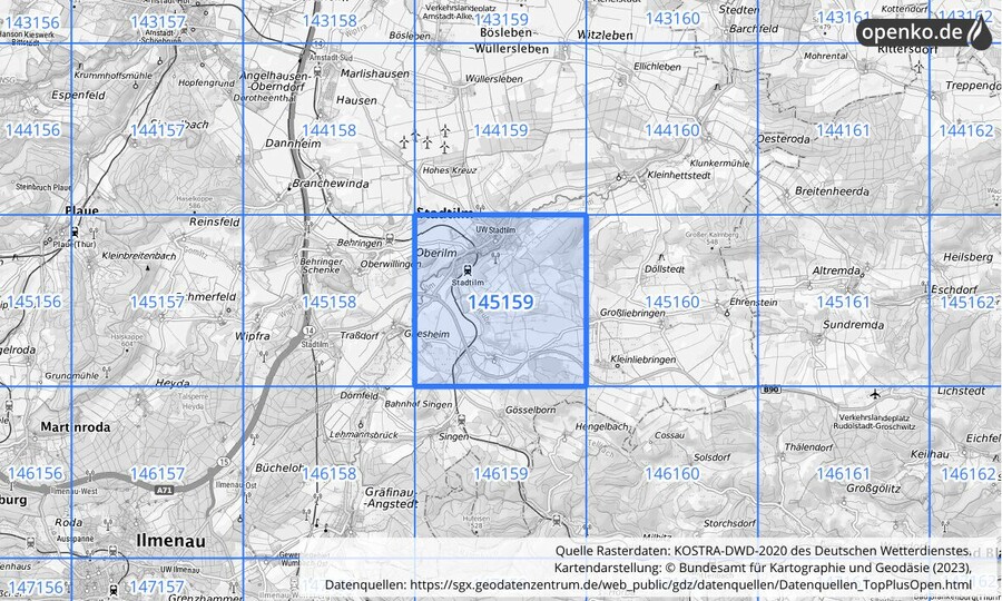 Übersichtskarte des KOSTRA-DWD-2020-Rasterfeldes Nr. 145159