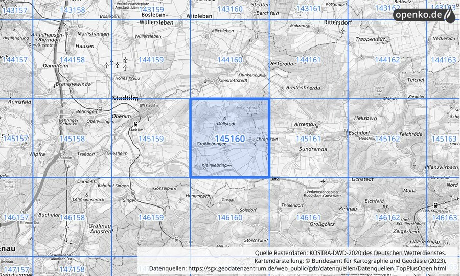 Übersichtskarte des KOSTRA-DWD-2020-Rasterfeldes Nr. 145160