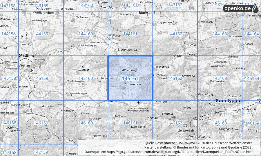 Übersichtskarte des KOSTRA-DWD-2020-Rasterfeldes Nr. 145161