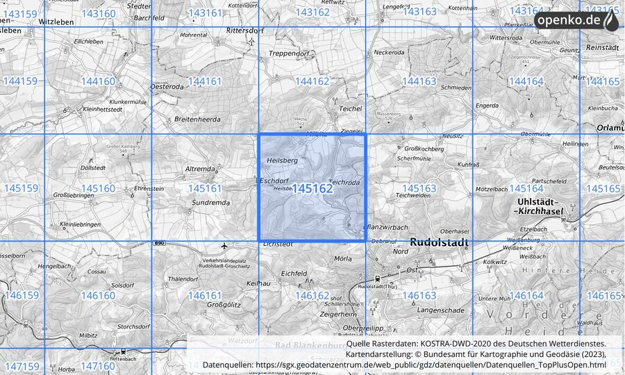 Übersichtskarte des KOSTRA-DWD-2020-Rasterfeldes Nr. 145162