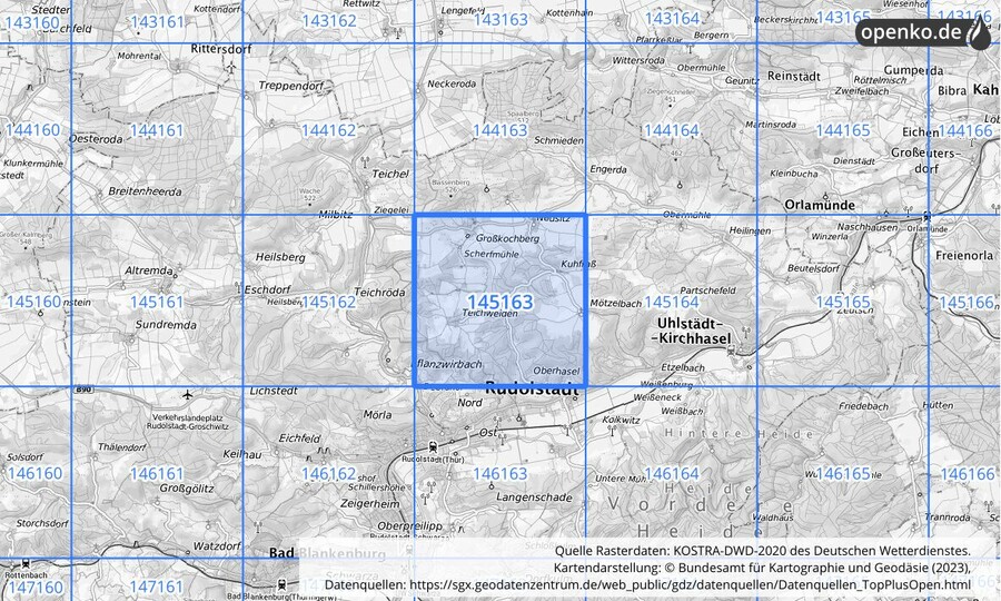 Übersichtskarte des KOSTRA-DWD-2020-Rasterfeldes Nr. 145163