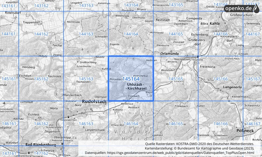 Übersichtskarte des KOSTRA-DWD-2020-Rasterfeldes Nr. 145164