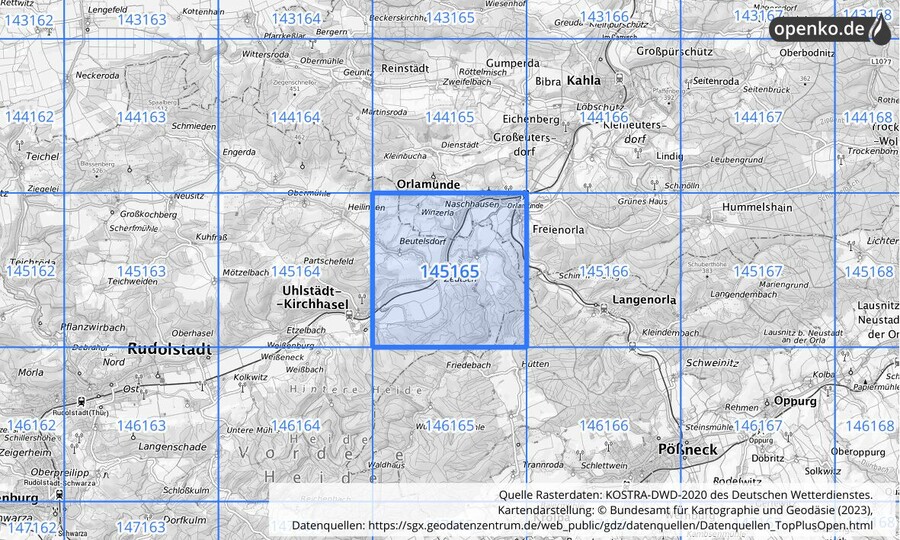 Übersichtskarte des KOSTRA-DWD-2020-Rasterfeldes Nr. 145165