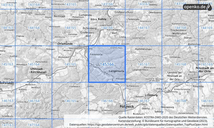 Übersichtskarte des KOSTRA-DWD-2020-Rasterfeldes Nr. 145166