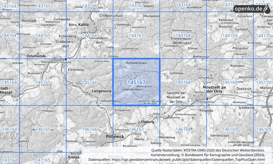 Übersichtskarte des KOSTRA-DWD-2020-Rasterfeldes Nr. 145167