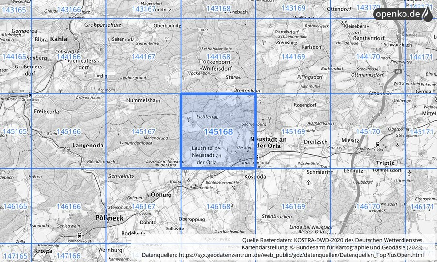 Übersichtskarte des KOSTRA-DWD-2020-Rasterfeldes Nr. 145168