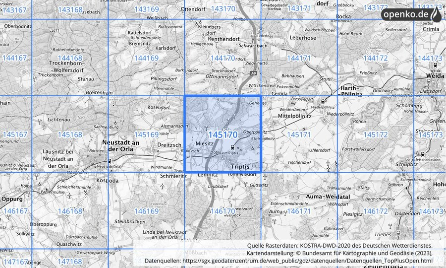 Übersichtskarte des KOSTRA-DWD-2020-Rasterfeldes Nr. 145170