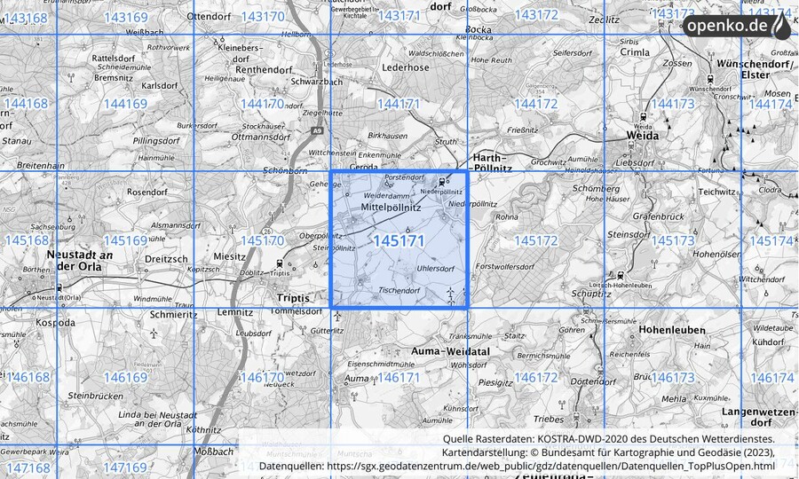 Übersichtskarte des KOSTRA-DWD-2020-Rasterfeldes Nr. 145171