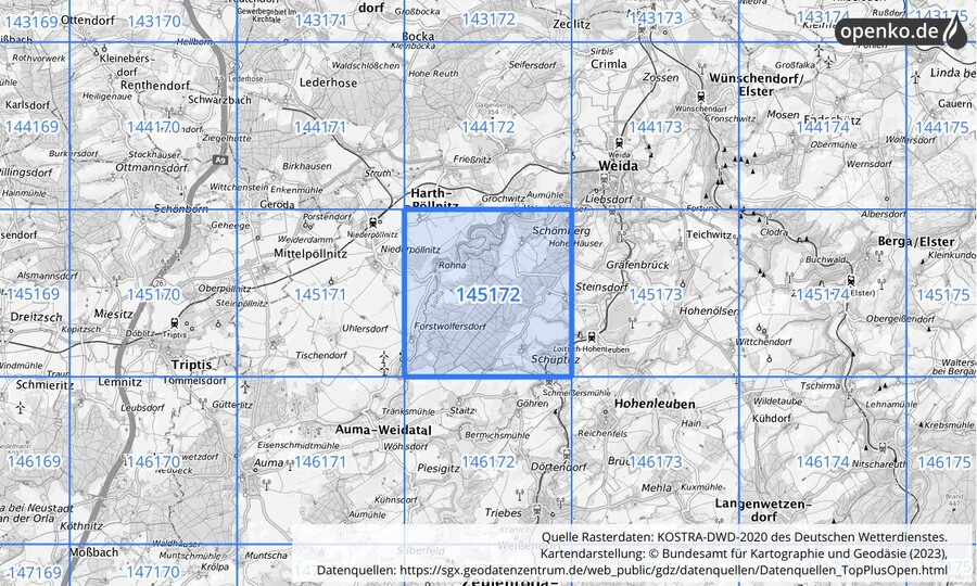 Übersichtskarte des KOSTRA-DWD-2020-Rasterfeldes Nr. 145172