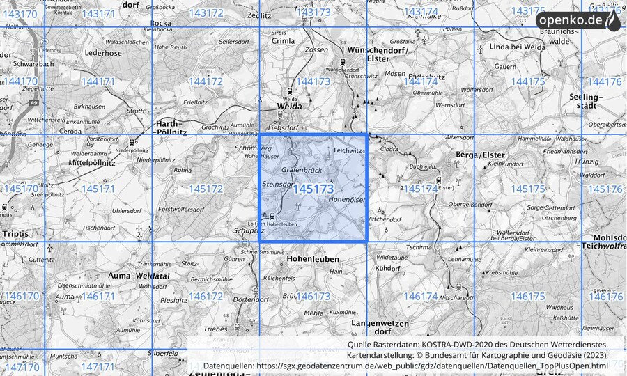 Übersichtskarte des KOSTRA-DWD-2020-Rasterfeldes Nr. 145173
