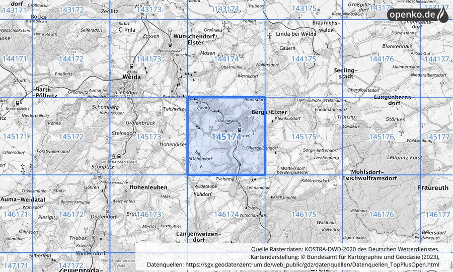 Übersichtskarte des KOSTRA-DWD-2020-Rasterfeldes Nr. 145174