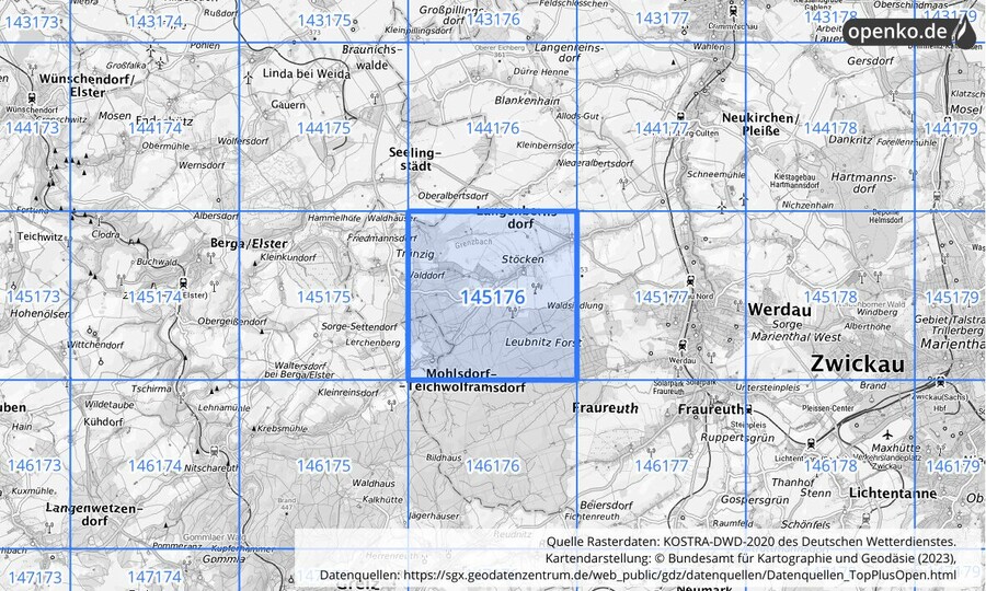 Übersichtskarte des KOSTRA-DWD-2020-Rasterfeldes Nr. 145176