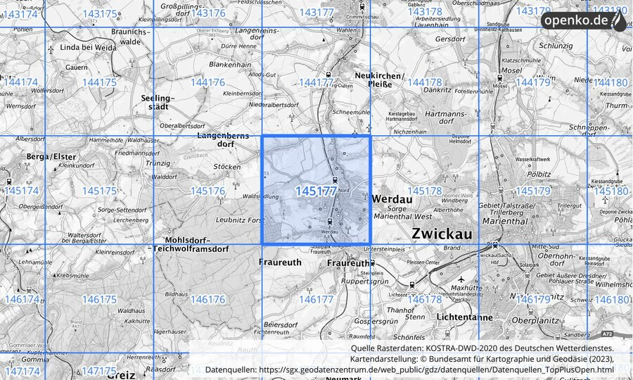 Übersichtskarte des KOSTRA-DWD-2020-Rasterfeldes Nr. 145177