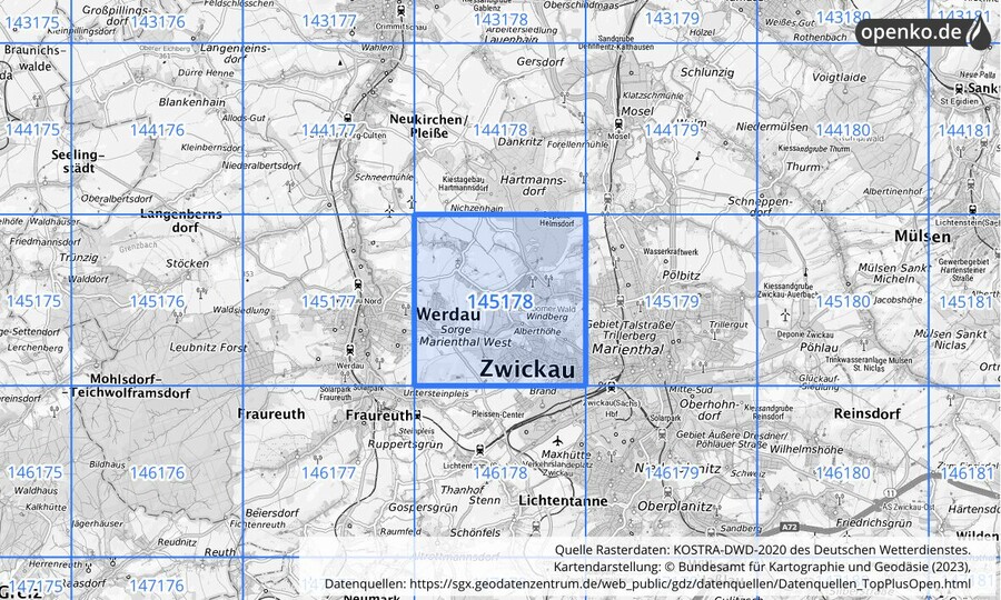 Übersichtskarte des KOSTRA-DWD-2020-Rasterfeldes Nr. 145178