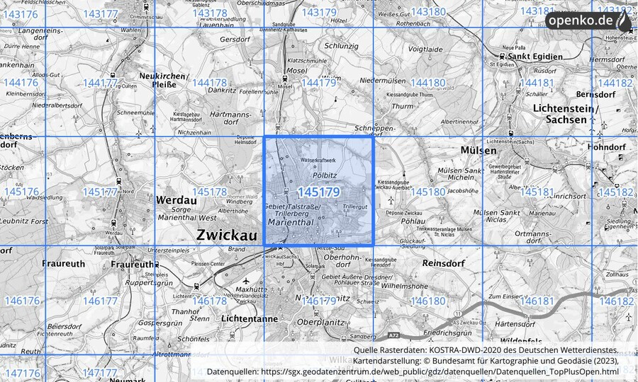 Übersichtskarte des KOSTRA-DWD-2020-Rasterfeldes Nr. 145179