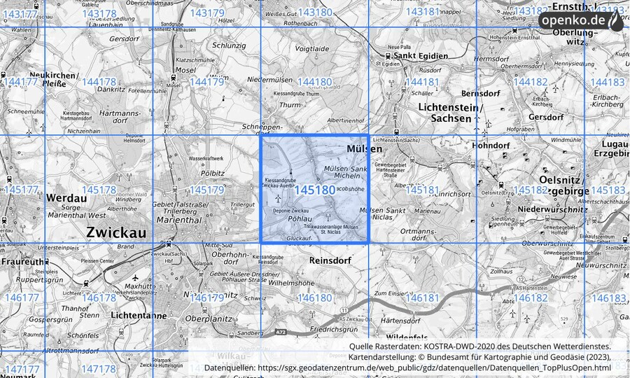 Übersichtskarte des KOSTRA-DWD-2020-Rasterfeldes Nr. 145180