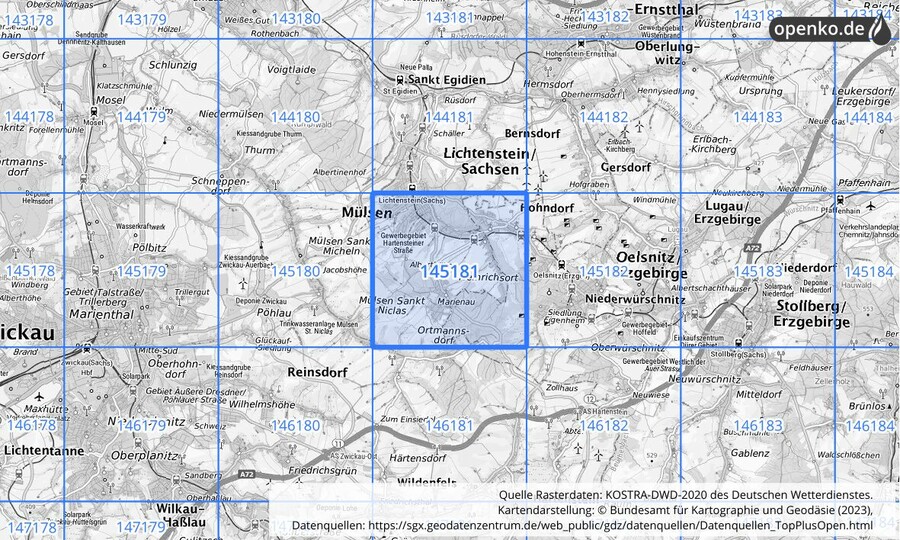 Übersichtskarte des KOSTRA-DWD-2020-Rasterfeldes Nr. 145181