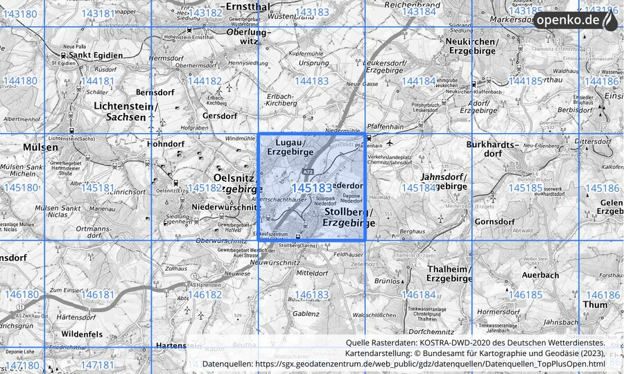 Übersichtskarte des KOSTRA-DWD-2020-Rasterfeldes Nr. 145183