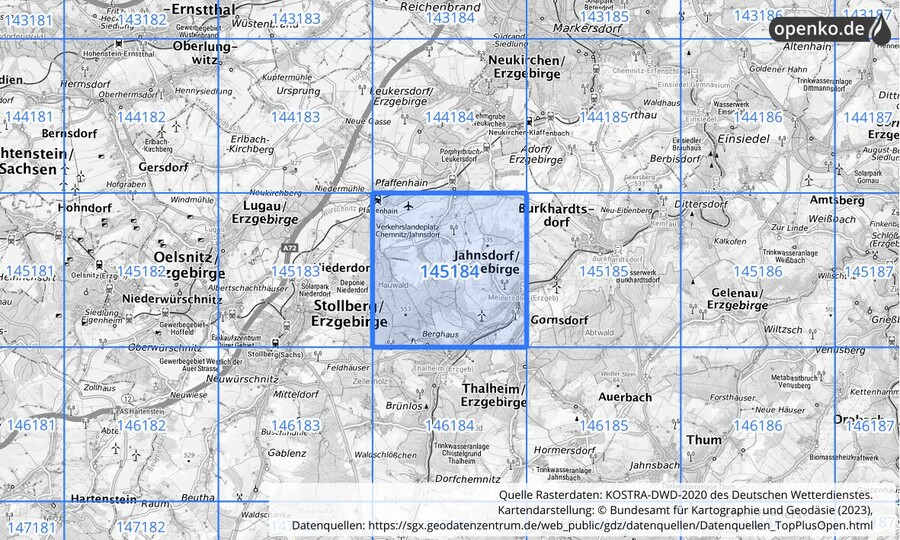 Übersichtskarte des KOSTRA-DWD-2020-Rasterfeldes Nr. 145184