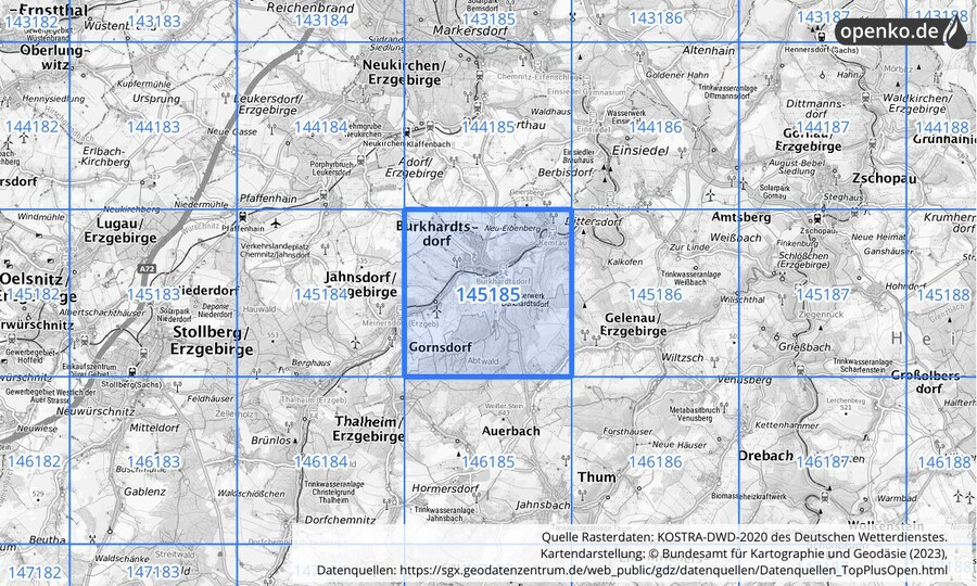 Übersichtskarte des KOSTRA-DWD-2020-Rasterfeldes Nr. 145185