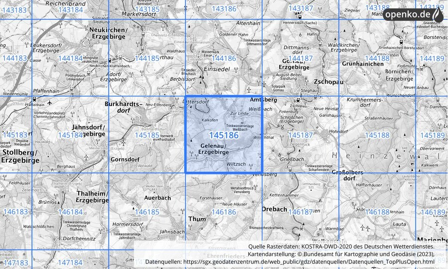Übersichtskarte des KOSTRA-DWD-2020-Rasterfeldes Nr. 145186