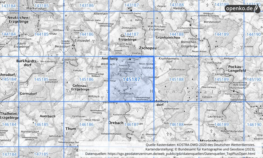 Übersichtskarte des KOSTRA-DWD-2020-Rasterfeldes Nr. 145187