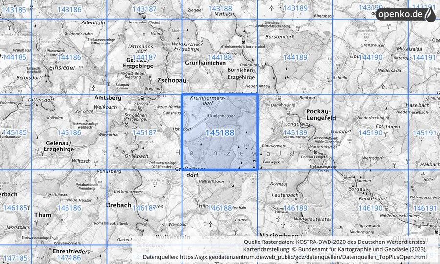 Übersichtskarte des KOSTRA-DWD-2020-Rasterfeldes Nr. 145188