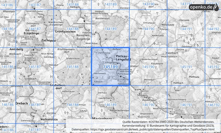 Übersichtskarte des KOSTRA-DWD-2020-Rasterfeldes Nr. 145189