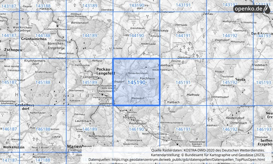 Übersichtskarte des KOSTRA-DWD-2020-Rasterfeldes Nr. 145190
