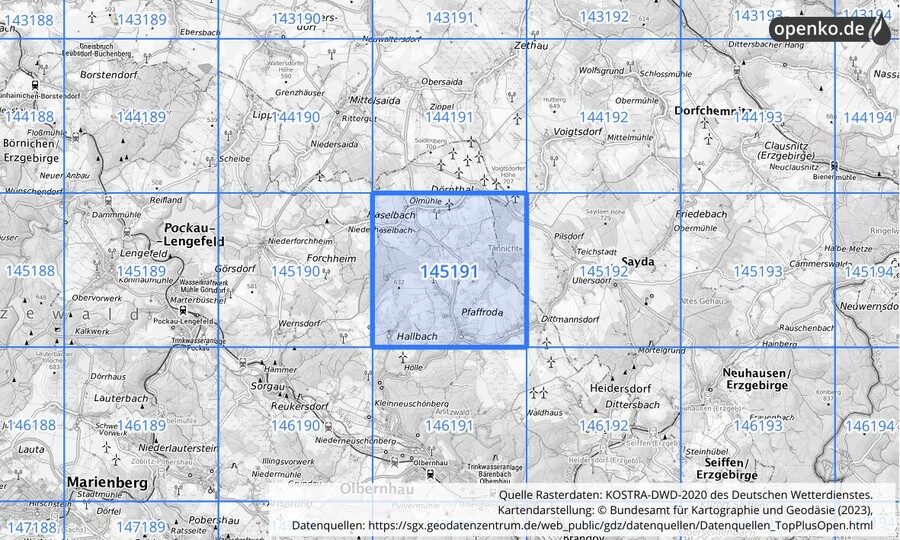 Übersichtskarte des KOSTRA-DWD-2020-Rasterfeldes Nr. 145191