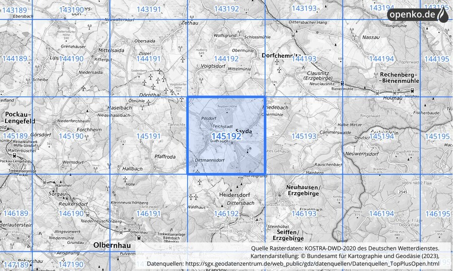 Übersichtskarte des KOSTRA-DWD-2020-Rasterfeldes Nr. 145192