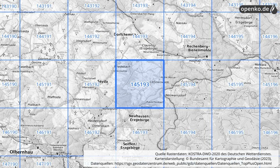Übersichtskarte des KOSTRA-DWD-2020-Rasterfeldes Nr. 145193