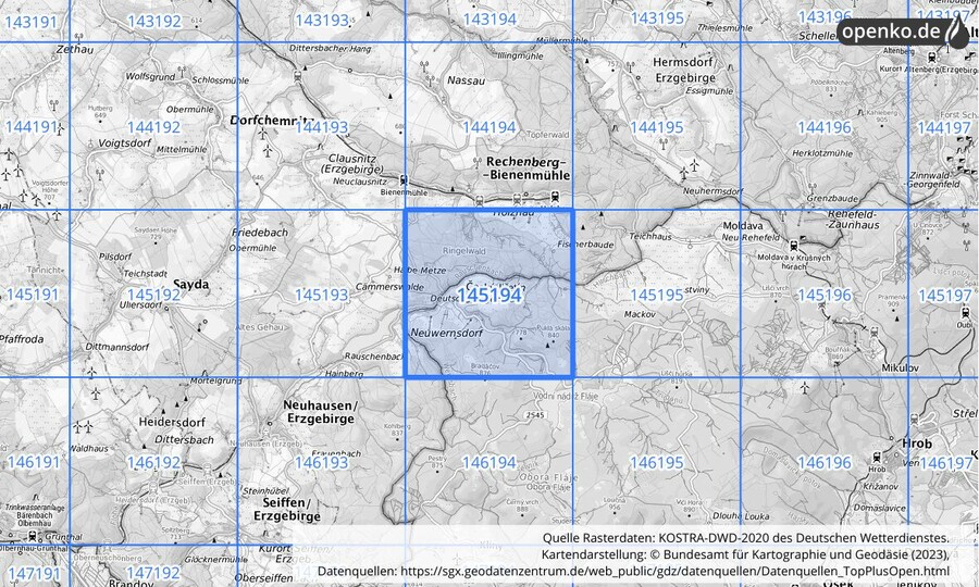 Übersichtskarte des KOSTRA-DWD-2020-Rasterfeldes Nr. 145194