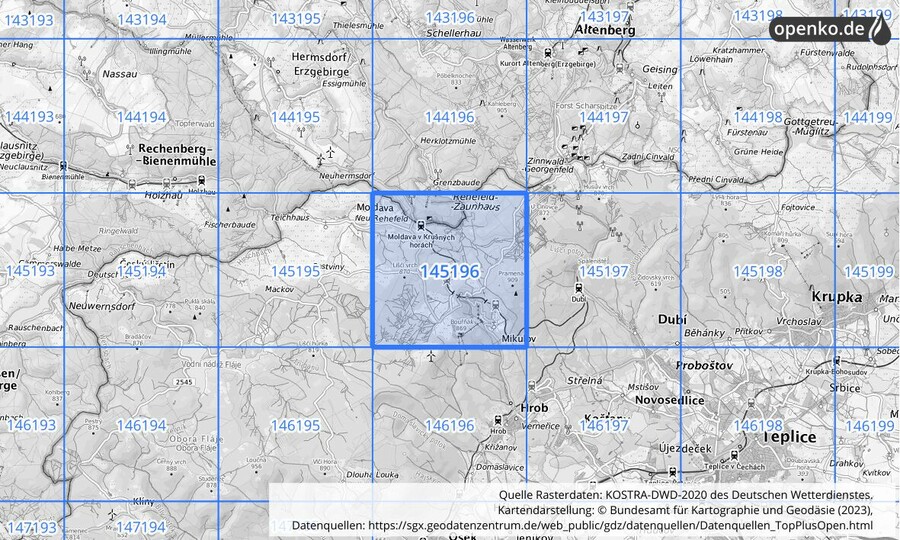 Übersichtskarte des KOSTRA-DWD-2020-Rasterfeldes Nr. 145196