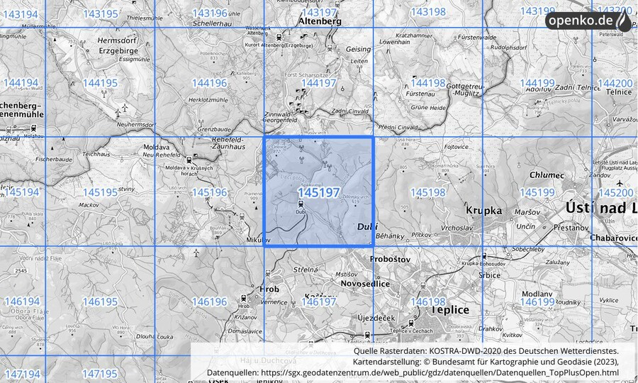 Übersichtskarte des KOSTRA-DWD-2020-Rasterfeldes Nr. 145197
