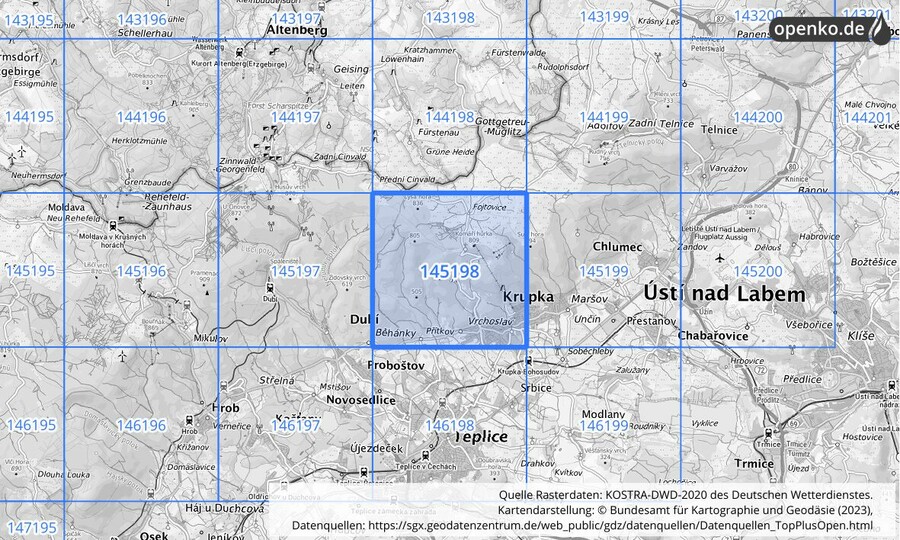 Übersichtskarte des KOSTRA-DWD-2020-Rasterfeldes Nr. 145198