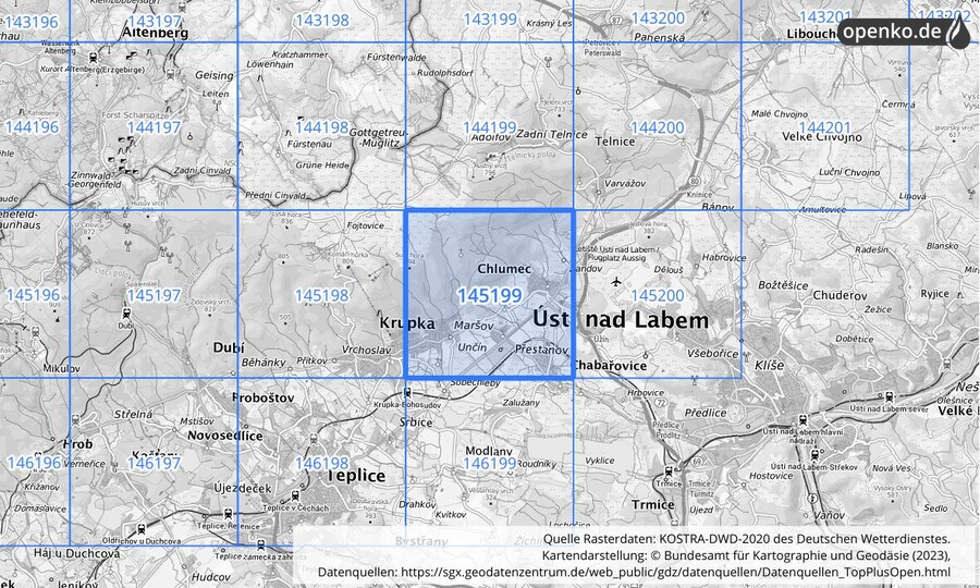 Übersichtskarte des KOSTRA-DWD-2020-Rasterfeldes Nr. 145199