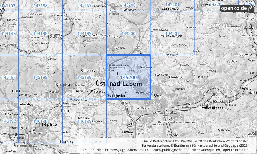 Übersichtskarte des KOSTRA-DWD-2020-Rasterfeldes Nr. 145200