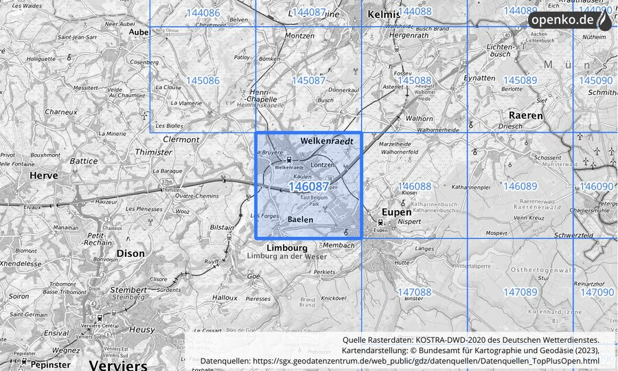 Übersichtskarte des KOSTRA-DWD-2020-Rasterfeldes Nr. 146087