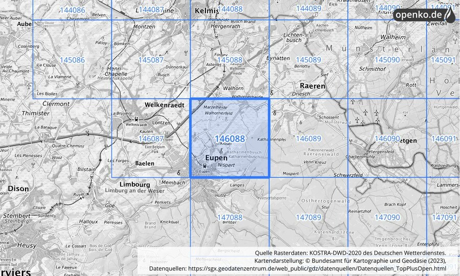 Übersichtskarte des KOSTRA-DWD-2020-Rasterfeldes Nr. 146088