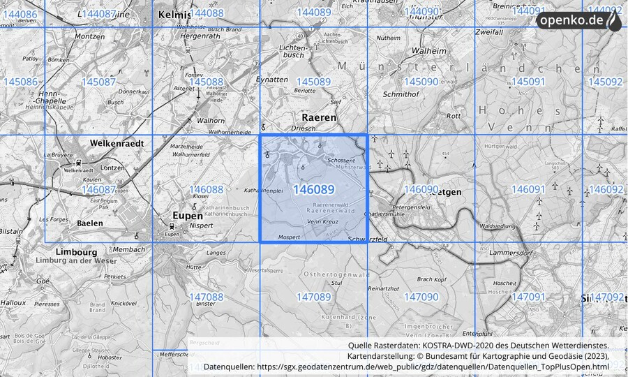 Übersichtskarte des KOSTRA-DWD-2020-Rasterfeldes Nr. 146089