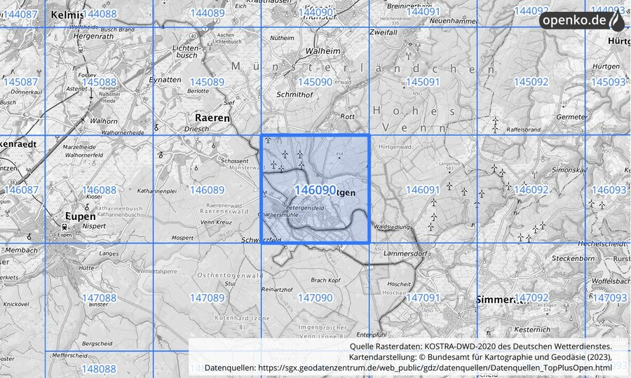 Übersichtskarte des KOSTRA-DWD-2020-Rasterfeldes Nr. 146090